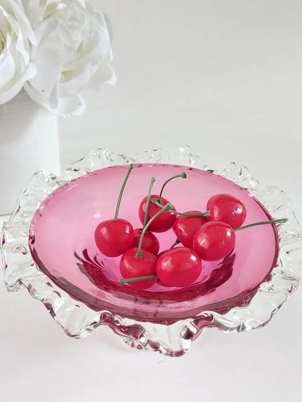 Chalet Rossi Cranberry Pink Blown Glass Candy Bowl with Clear Ruffled Rim